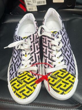 Versace Pink Lavender and Yellow Geometric Lace-Up Sneakers